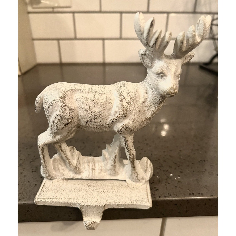 White Metal Deer Reindeer Christmas Stocking Holder Heavy